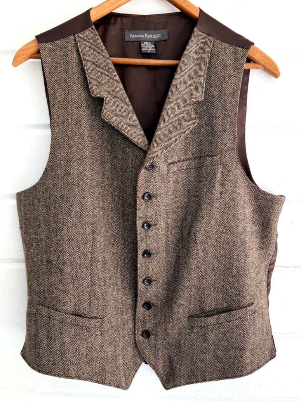 Vintage BANANA REPUBLIC 100% Wool Brown Herringbone Tweed Vest - M